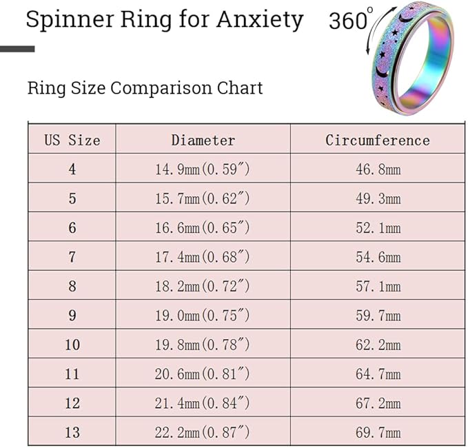 Anxiety Ring for Women Spinner Ring Fidget Ring Fidget Toys Adults Spinner Rings for Anxiety Fidget Rings for Women Fidget Ring Moon Star Rainbow 8