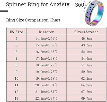 Anxiety Ring for Women Spinner Ring Fidget Ring Fidget Toys Adults Spinner Rings for Anxiety Fidget Rings for Women Fidget Ring Moon Star Rainbow 8