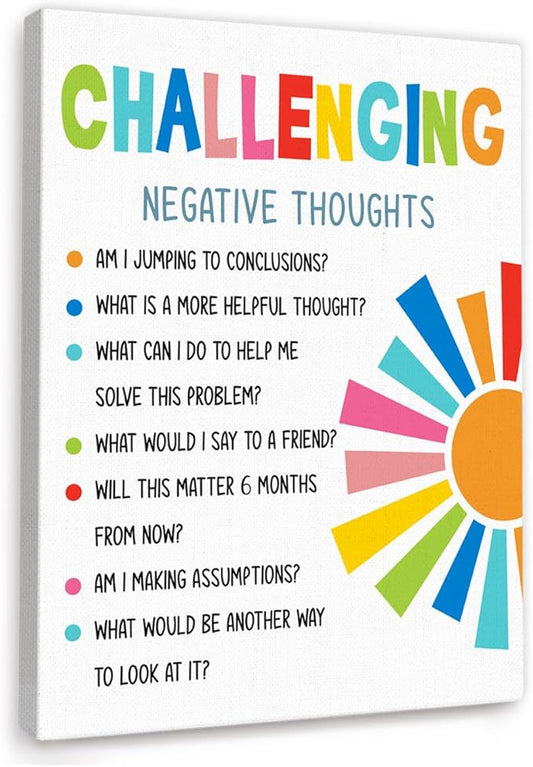 YEOION Challenging Negative Thoughts Wall Decor,Growth Mindset Wall Art Canvas Frame Print for Mental Health Therapy Office School Counselor Wall Decor