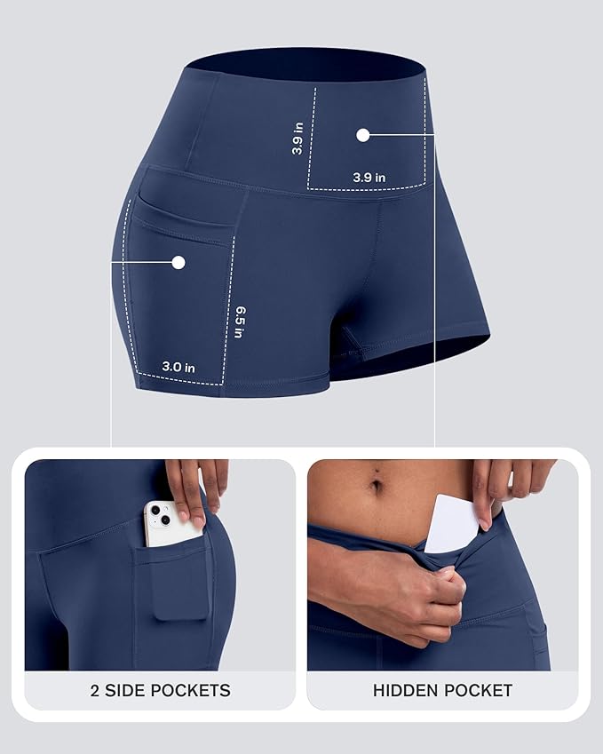 CHRLEISURE Womens Biker Yoga Shorts with Pockets: High Waisted Tummy Control Spandex Workout Athletic Gym Shorts 4 Packs