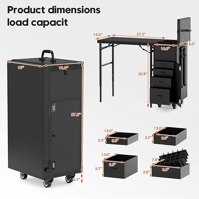 Icoget Rolling Manicure Table on Wheels, Portable Nail Desk, Foldable Nail Table w/Polish Tray and Storage, Traveling Nail Case w/Detachable Adjustable Height Workstation