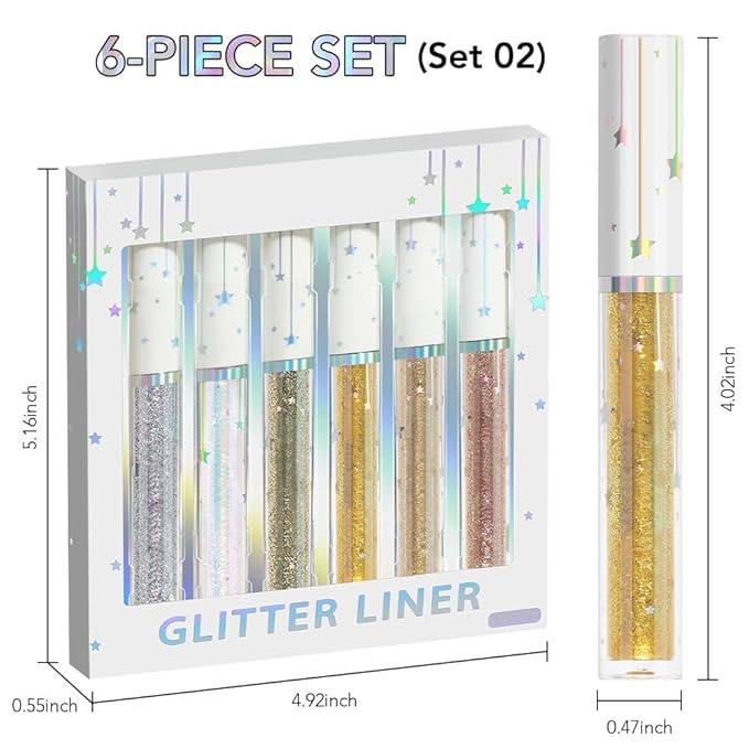 evpct 6Pcs Sparkle Glitter Liquid Eyeliner Eye Makeup Set, Metallic Liquid Eyeliner Waterproof Long-lasting, Liquid Glitter Eye liner in Multi Colors for Stunning Shimmery Eye Look, 02#