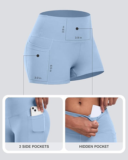 CHRLEISURE Womens Biker Yoga Shorts with Pockets: High Waisted Tummy Control Spandex Workout Athletic Gym Shorts 4 Packs