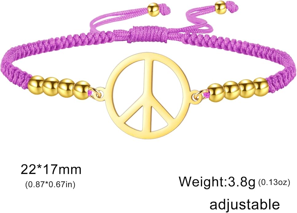 LIKGREAT Peace Sign Pendant Bracelet for Women Peace Symbol Adjustable Handmade Braided Wax Cords Beaded Bracelet