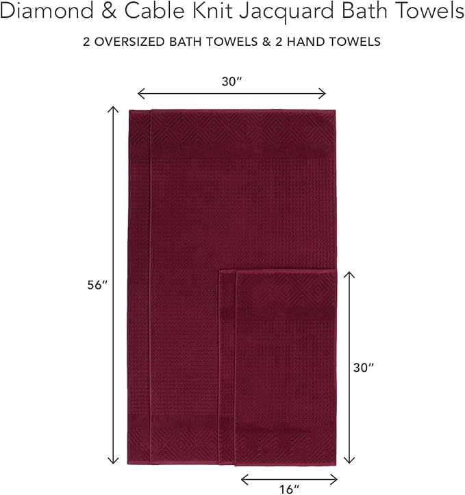 Texere 100% Organic Cotton Diamond Jacquard 700 GSM Luxury Bath Towel Sets - Ultra Soft and Absorbent Hotel and Spa Quality (Diamond, Merlot, 2 Bath & 2 Hand Towels)