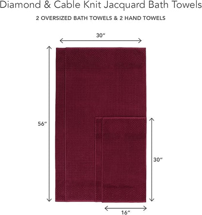 Texere 100% Organic Cotton Diamond Jacquard 700 GSM Luxury Bath Towel Sets - Ultra Soft and Absorbent Hotel and Spa Quality (Diamond, Merlot, 2 Bath & 2 Hand Towels)