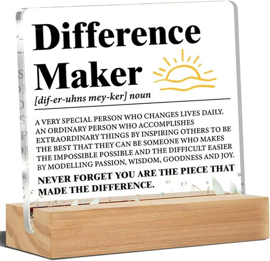Difference Maker Gift Men, Thank You Gifts for Leader Boss Mentor Manager Coworkers Employees Teacher, Difference Maker Definition Acrylic Desk Plaque Sign Office Decor 4 x 4 Inches