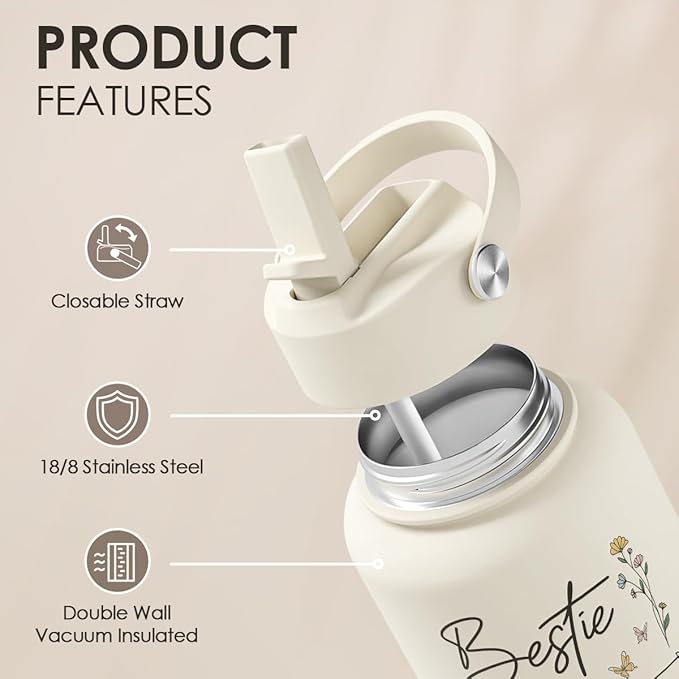 Best Friend Water Bottle 32oz Stainless Steel with Lid & Straw, Bestie Insulated Bottles for Women Girls Female Friends Sisters, Gifts Ideas for Birthday Christmas