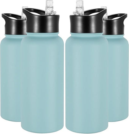 32 oz Insulated Water Bottle Bulk 4 Pack, Stainless Steel Sports Water Bottles with Straw Lid & Wide Mouth Lids, Double Walled Vacuum, Leak Proof, Turquoise Blue