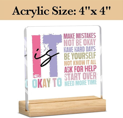 Mental Health Decor, Motivational Gifts for Women Men, Inspirational Acrylic sign with Wooden office Accessories Bedroom Dorm Apartment Decoration-It's Okay To Make Mistakes Be Yourself