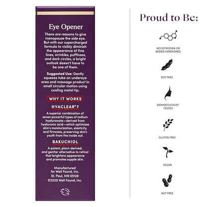 Womaness Eye Opener - Anti Aging, Hydrating, & Moisturizing Under Eye Cream for Dark Circles and Puffiness - With Hyaluronic Acid, Bakuchiol Retinol Alternative, & Firming Red Algae Extract – 15ml