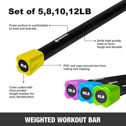 LIONSCOOL Workout Weighted Bar,Padded Exercise Weight Bar, Solid Steel Stretching weighted bar set for Body Sculpting, Physical Therapy,Body Toning
