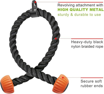 SELEWARE Triceps Rope with Non-Slip Soft Rubber Ends Home Gym Cable Attachment Workout Accessories 28 & 36 inches Long LAT Pulldown Attachment Black and Orange