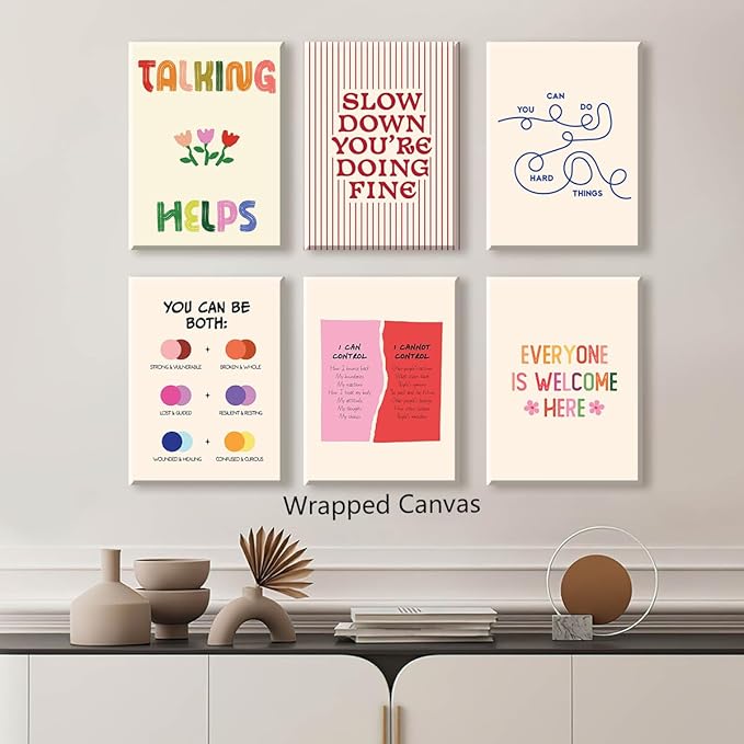 6pcs Mental Health Canvas Wall Art, You Can Do Hard Things Positive Affirmations Poster, Everyone Is Welcome Here Encouraging Print, Circle of Control Therapy Office Wall Decor 16x24in Unframed