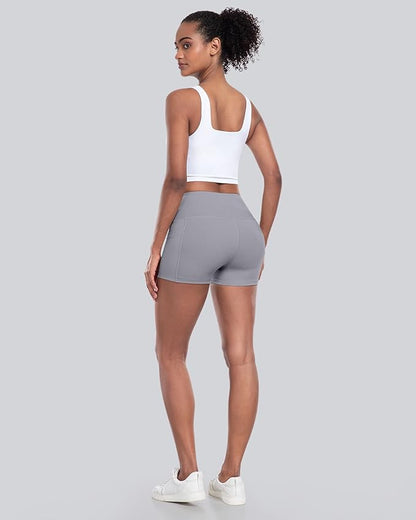 CHRLEISURE Womens Biker Yoga Shorts with Pockets: High Waisted Tummy Control Spandex Workout Athletic Gym Shorts 4 Packs
