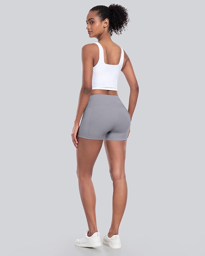 CHRLEISURE Womens Biker Yoga Shorts with Pockets: High Waisted Tummy Control Spandex Workout Athletic Gym Shorts 4 Packs