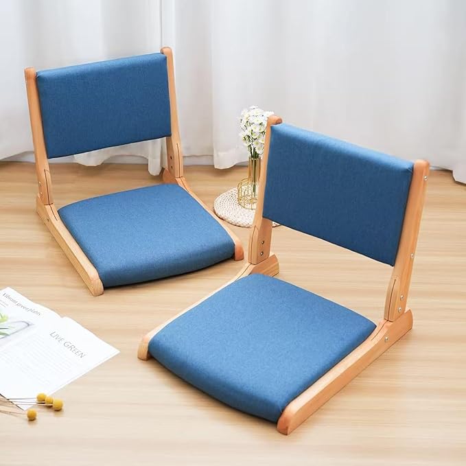 Japanese Floor Chair with Back Support, Foldable Meditation Chair, Legless Tatami Chair with Cushion, Floor Seat for Living Room, Bedroom, Bay Window (2, Blue)