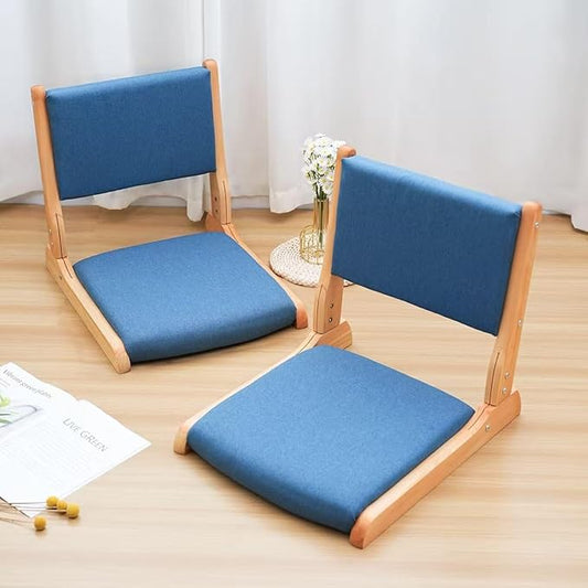 Japanese Floor Chair with Back Support, Foldable Meditation Chair, Legless Tatami Chair with Cushion, Floor Seat for Living Room, Bedroom, Bay Window (2, Blue)