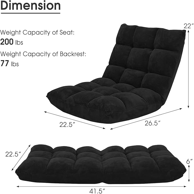 Moccha 14-Position Floor Chair, Folding Sofa Chair with Back Support, Memory Foam Floor Gaming Chairs for Adults, Adjustable Padded Couch Recliner Sleeper Bed for Reading, Meditating, Black