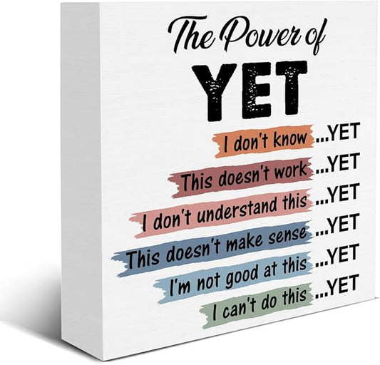 Mental Health Sign the Power of Yet Wood Block Sign Growth Mindset Affirmations Decorative Desk Sign Classroom School Counselor Therapy Office Home Shelf Tabletop Decor 5 X 5 Inches