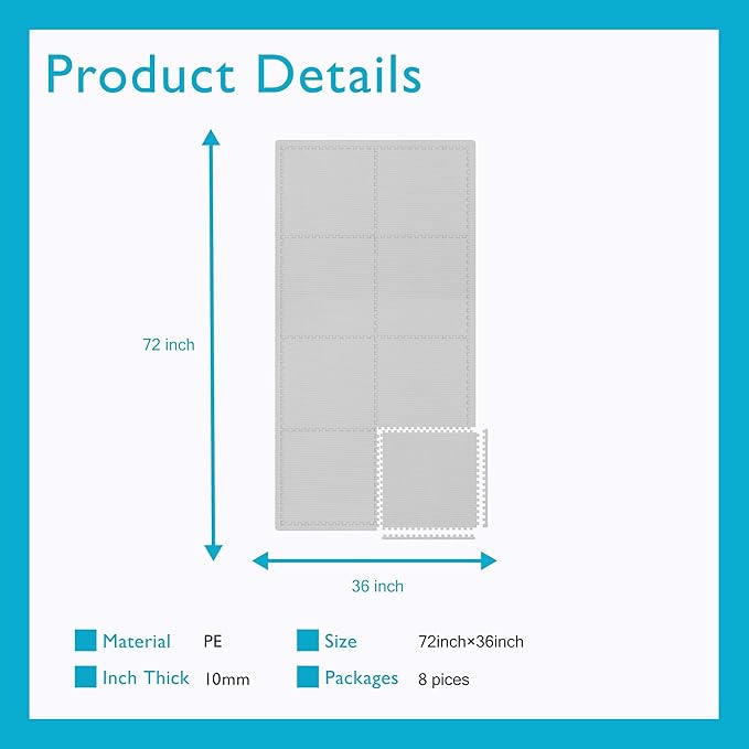 BODYTECH Puzzle Exercise Mat Interlocking Foam and Tile Mats for Home Gym. Floor Padding for Small Child. Gray Color 18 x 18 x ½ Thick 8 Sheet 18 SQFT