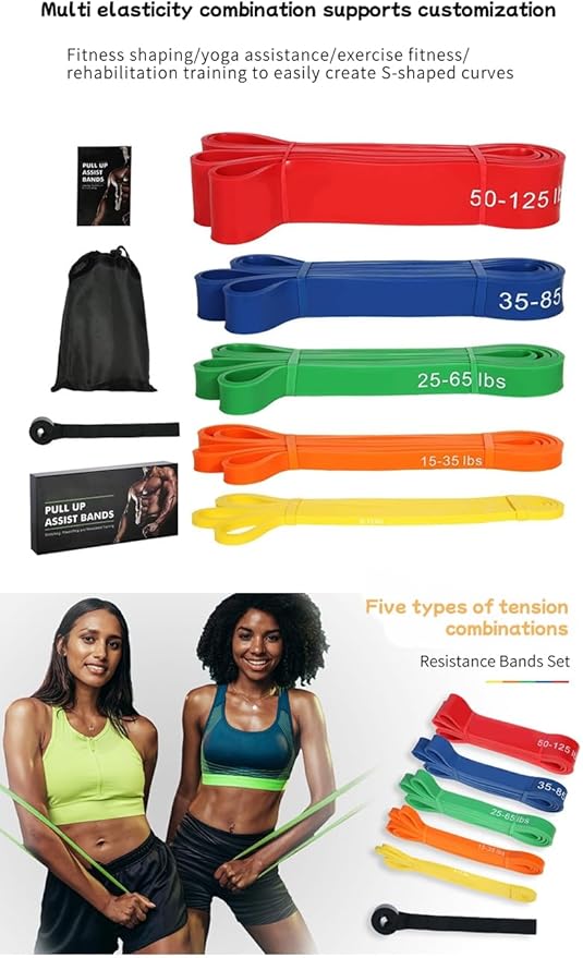 Pull Up Assist Bands Set, 5 Resistance Bands 15-125 lbs, Exercise Bands with Storage Bag, Workout Fitness Training