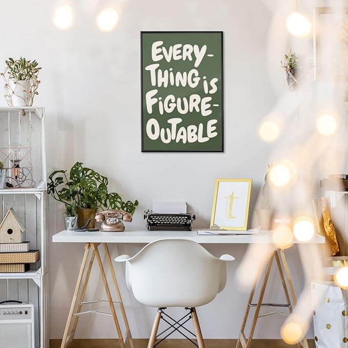 Everything is Figureoutable Motivational Canvas Wall Art Print Uplifting Quote Inspirational Art Poster Green Office Affirmation Wall Decor Minimalist Picture Painting Home Decor 16x24inch black framed