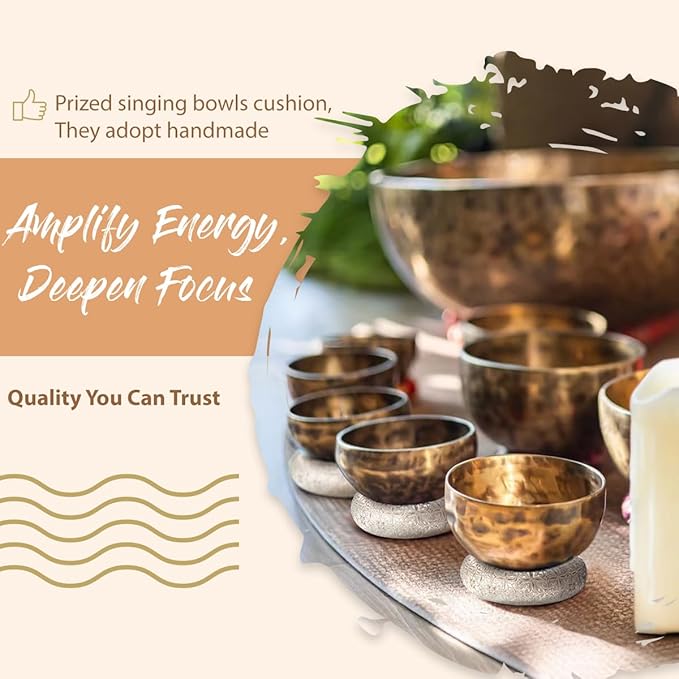 7 Pcs Singing Bowl Cushion Set for 6-12" Tibetan Singing Bowls, Handmade Silk Brocade Round Cushion Pillow for Meditation Sound Healing and Crystal Sound Bowls Accessories(Silver)
