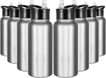 32 oz Insulated Water Bottle Bulk 8 Pack, Stainless Steel Sports Water Bottles with Straw Lid & Wide Mouth Lids, Double Walled Vacuum, Leak Proof, Stainless Steel