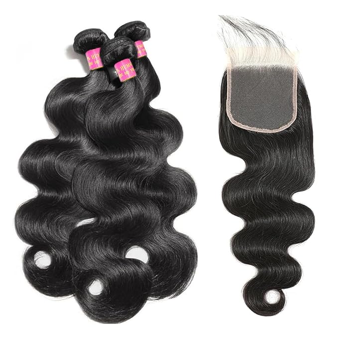 Bundles Human Hair with Closure (22 24 26+20 Inch) 12A Body Wave 3 Bundles with 5x5 Closure 100% Unprocessed Brazilian Virgin Quick Weave Bundles Human Hair Natural Black