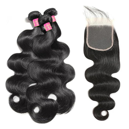 Bundles Human Hair with Closure (22 24 26+20 Inch) 12A Body Wave 3 Bundles with 5x5 Closure 100% Unprocessed Brazilian Virgin Quick Weave Bundles Human Hair Natural Black