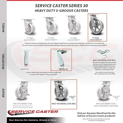 V Groove Semi Steel Swivel Top Plate Casters Set 4 Heavy Duty with 8 Inch Wheels - Includes 2 Swivel with Brakes and Bolt on Swivel Locks and 2 Swivel with Bolt on Swivel Locks - Service Caster Brand
