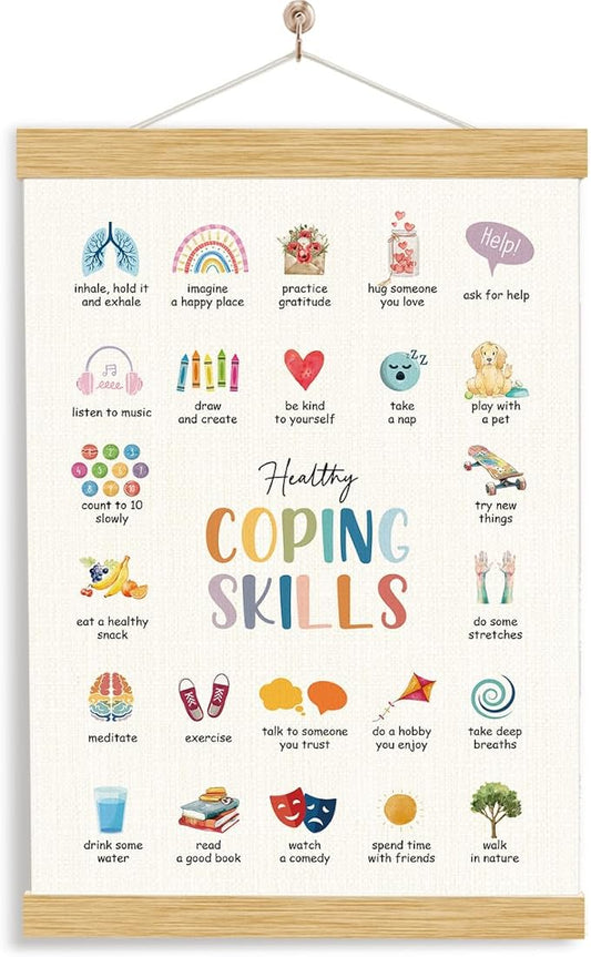 YGSDZY Coping Skills Poster, Wood Poster Hanger, Therapy Office Decor, School Psychology, Classroom Decor, Mental Health Posters, Therapy Wall Art Decoration, Mental Health Wall Decoration