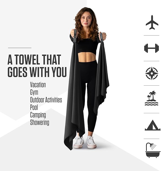 VENTURE 4TH Quick Dry Towel. Microfiber Travel Towel Ideal for Camping, Hiking, Backpacking, Gym. Lightweight & Fast Drying Travel Towels for Body. Compact & Easy to Pack - Black Large