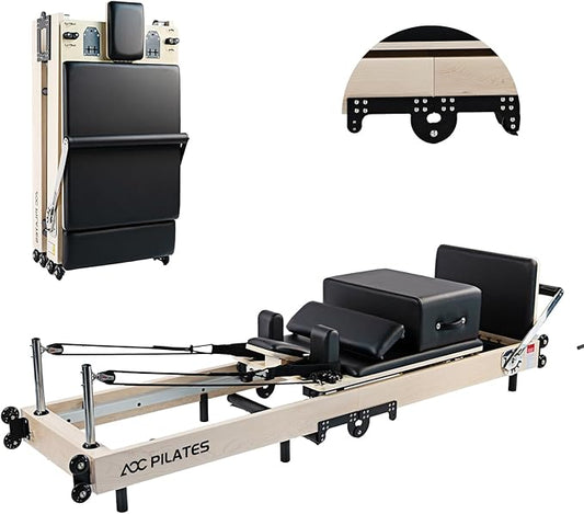 Pilates Reformer, Maple Wooden Foldable Pilates Reformer Machine with 6 Springs,Sitting Box, Padded Jump Board, 660lbs Capacity for Home Workouts Studio Yoga