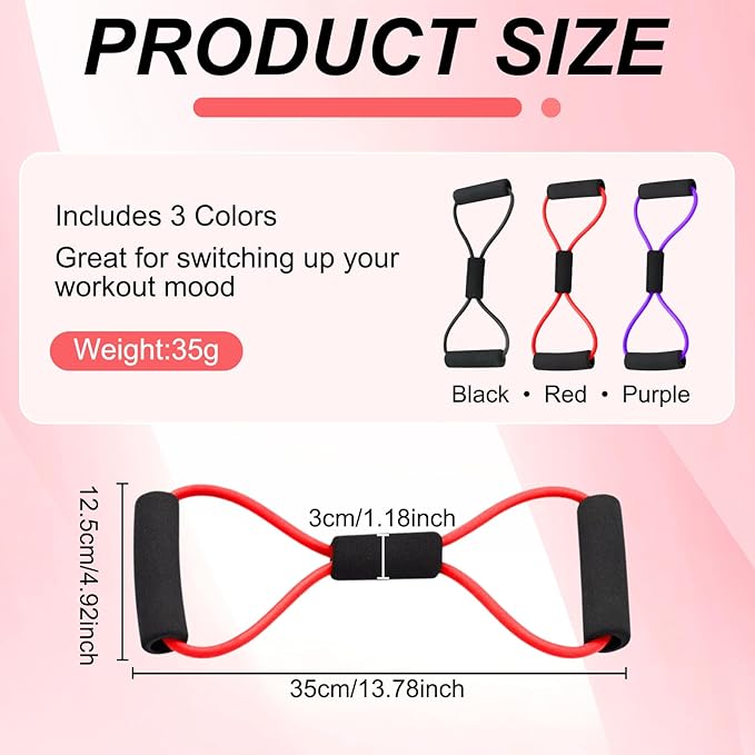 Figure 8 Fitness Resistance Bands with Handles, Exercise Elastic Bands for Women Arm Shoulder Back Leg Chest Stretch, Workout Equipment for Yoga, Pilates, Physical, Therapy, Home Gym Fitness, 3 Pack