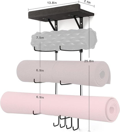 VINAEMO Yoga Mat Holder Accessories Wall Mount Organizer Storage Decor Foam Roller and Towel Storage Rack with 4 Hooks and Wooden Shelves Yoga Mats Rack Resistance Bands for Home Gym School Office
