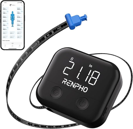 RENPHO Smart Body Measuring Tape, Rechargeable Tape Measure with LED Display, Measuring Tape for Body Measurements with App for Weight Loss & Fitness Shape, Retractable, 60in /150cm, Black