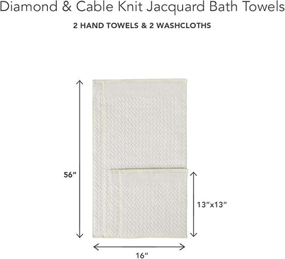 Texere 100% Organic Cotton Diamond Jacquard 700 GSM Luxury Bath Towel Sets - Ultra Soft and Absorbent Hotel and Spa Quality (Diamond, Cream, 2 Hand & 2 Face Towels)