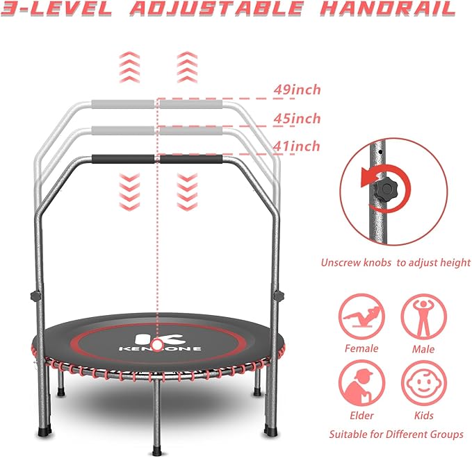 40/48" Low-Impact Rebounder Trampoline for Adults with Bungee, 450/550LBS Quiet Mini Exercise Trampoline with Adjustable U/T-Shaped Foam Handle Bar, Fitness Equipment for Indoor/Gym Workout