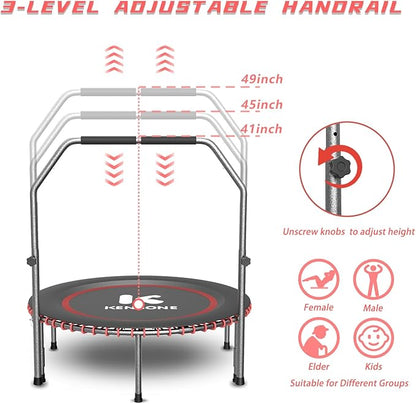40/48" Low-Impact Rebounder Trampoline for Adults with Bungee, 450/550LBS Quiet Mini Exercise Trampoline with Adjustable U/T-Shaped Foam Handle Bar, Fitness Equipment for Indoor/Gym Workout