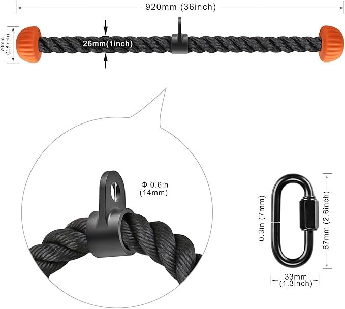 SELEWARE Triceps Rope with Non-Slip Soft Rubber Ends Home Gym Cable Attachment Workout Accessories 28 & 36 inches Long LAT Pulldown Attachment Black and Orange