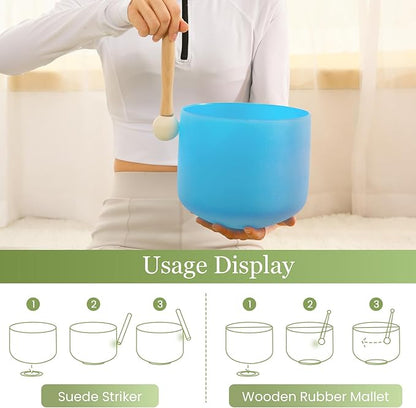 432HZ 8 Inchs G Note Blue Frosted Crystal Singing Bowl for Meditation Healing Yoga Chakra Quartz Crystal Sound Bowls with Heavy Duty Carry Case and Rubber Mallet,Suede Striker,O-rings