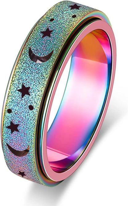 Anxiety Ring for Women Spinner Ring Fidget Ring Fidget Toys Adults Thumb Spinner Rings for Men Stainless Steel Moon Star Rainbow Size 9
