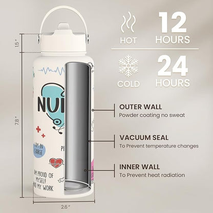 Nurse Water Bottle 32oz Stainless Steel Insulated with Lid, Nurse Gifts for Female Nurses, Medical Staff Inspiration Gifts for Nursing Students, Graduation Christmas Birthday Nurse Week