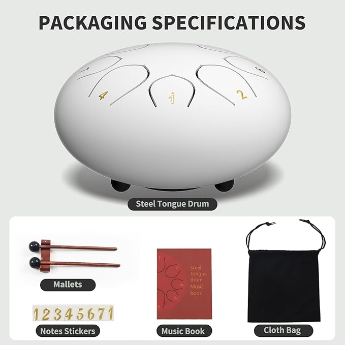 Rain Drum for Outside Garden, 6 Inches 8 Notes Steel Tongue Drums, Waterproof Meditation Echo Rain Chime, Musical Instruments for Adult Gift with Bag, Music Book, Mallets (White)