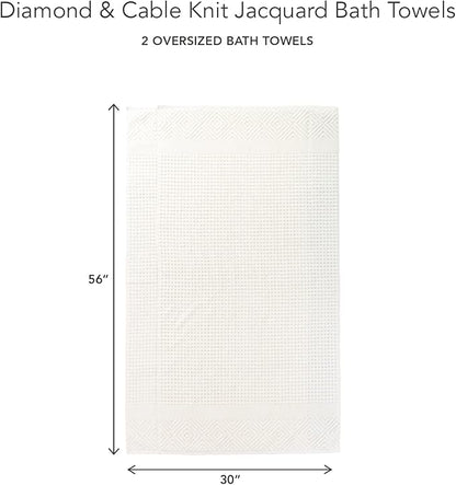 Texere 100% Organic Cotton Diamond Jacquard 700 GSM Luxury Bath Towel Sets - Ultra Soft and Absorbent Hotel and Spa Quality (Diamond, Cream, 2 Bath Towels)