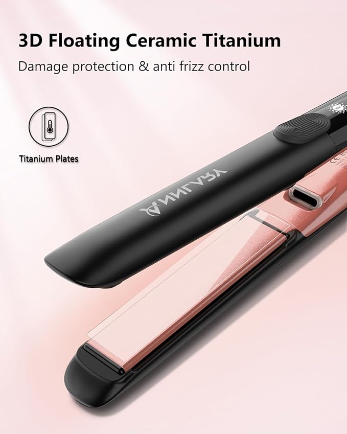 Hair Straightener with Heat-Resistant Silicone Mat Pouch, 1 Inch Professional Titanium Plate with Ceramic Coating Ionic Dual Voltage Flat Iron for All Hair Types