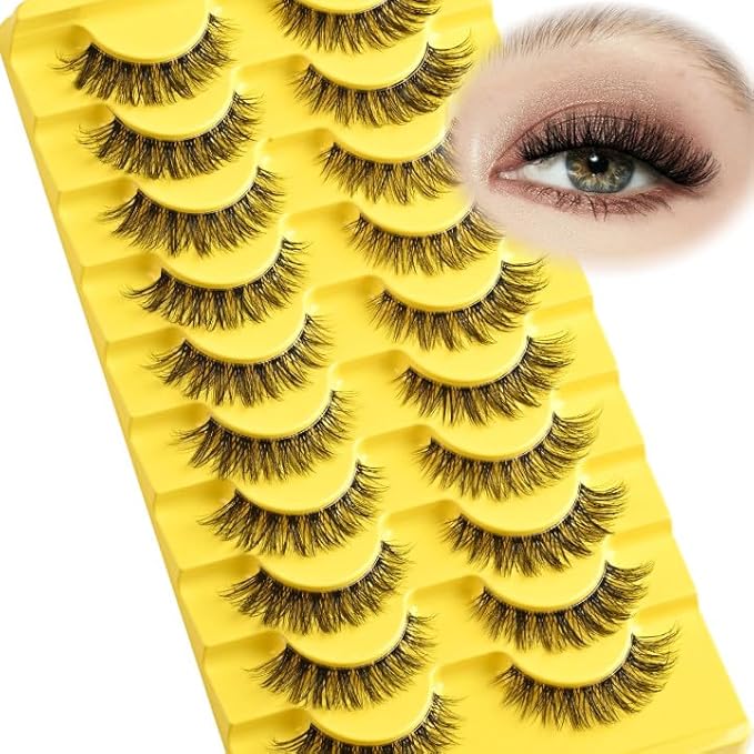 Lashes Wispy False Eyelashes Natural Fake Lashes with Clear Band 10 Pairs Cat Eye Lashes Pack Reusable Lashes Natural Look Short Wispies Mink Eyelash Strips Cateye Lashes for Women
