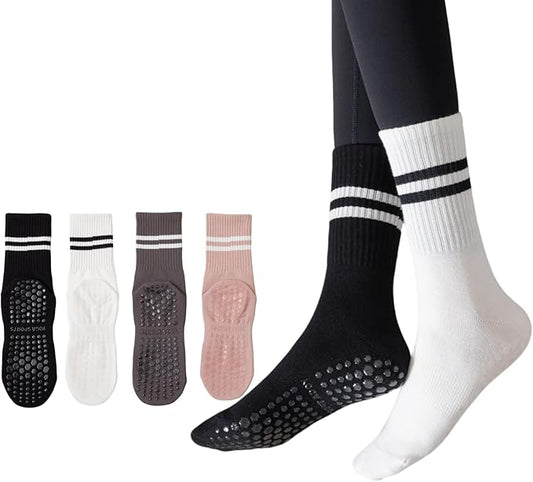 Yoga Socks with Non-Slip Grips for Women - 4 Pairs Pilates, Barre, Gym, Dance Workout Anti-Skid Socks